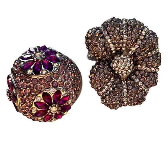 Lot Of 2 Vintage Cocktail Statement Rings 6.75 & 6.5 Rhinestone Round & Flower - Picture 1 of 7